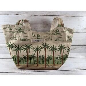 Paul Brent Coastal Life Canvas Tote Bag Tropical Palm Tree Sailboat Cream Green